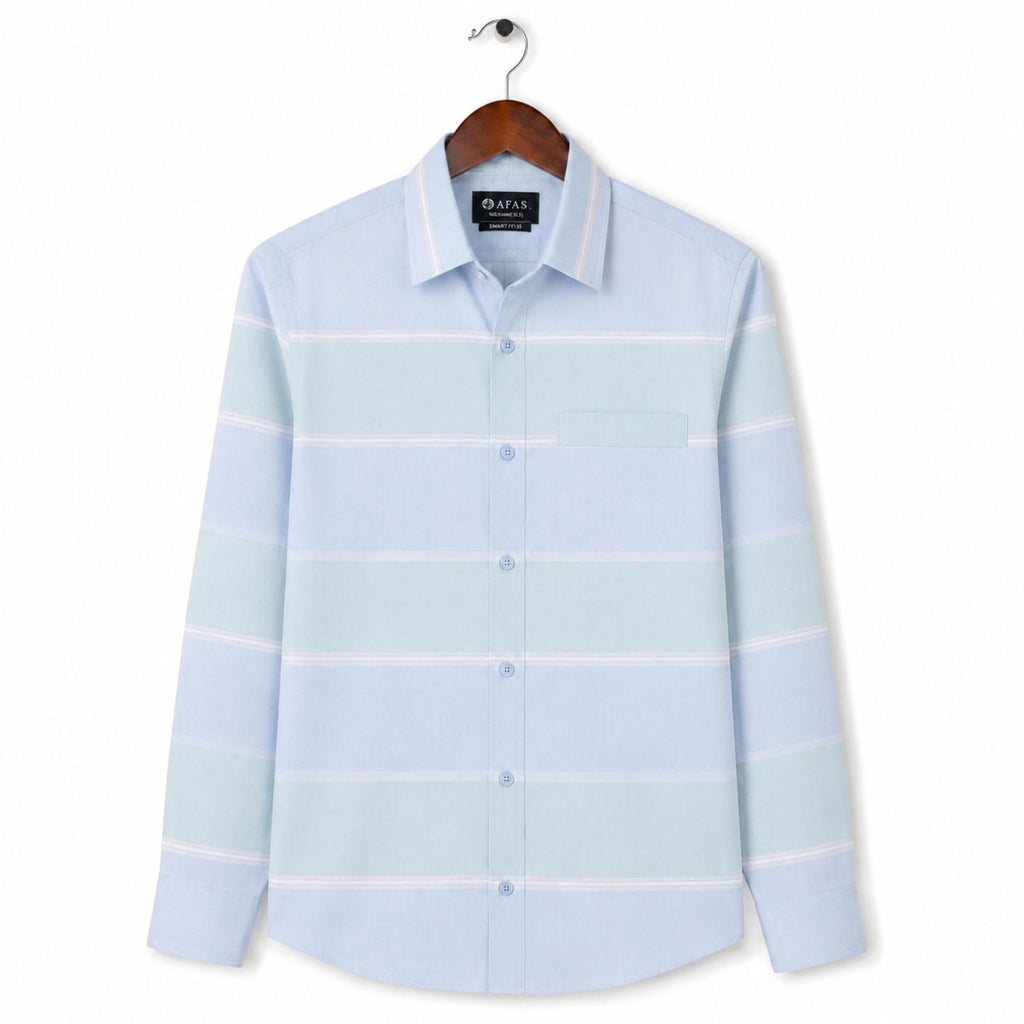 AFAS Ready-Made Light Blue and Green Horizontal White Stripe cotton Rich Fabric Shirt - SKU S0010
