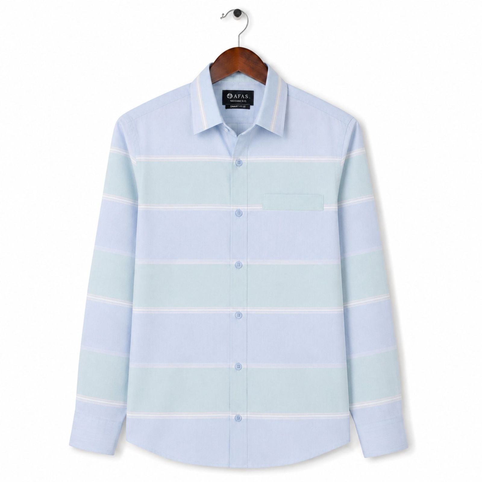 AFAS Ready-Made Light Blue and Green Horizontal White Stripe cotton Rich Fabric Shirt - SKU S0010