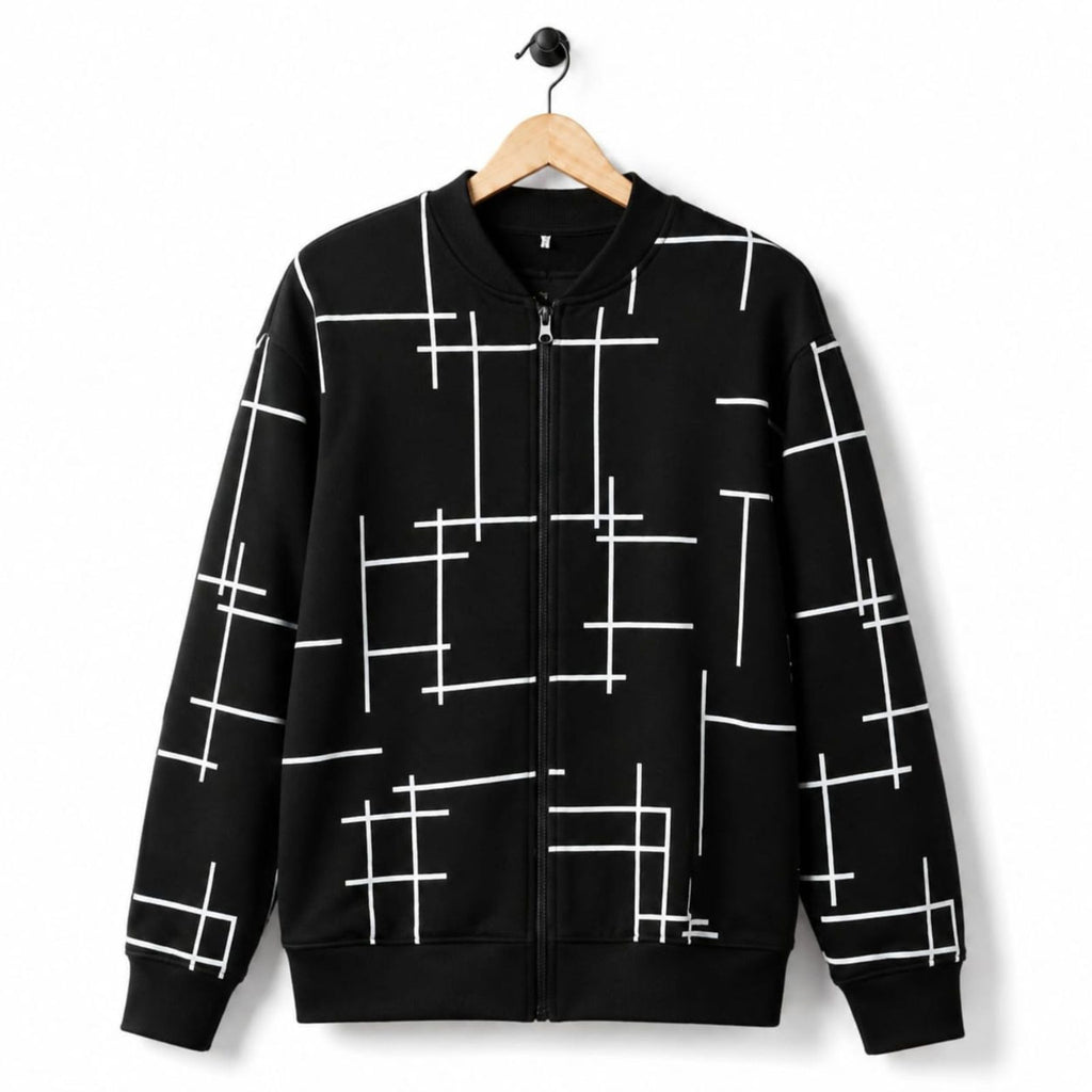 Black Geometric Printed Zipper Upper