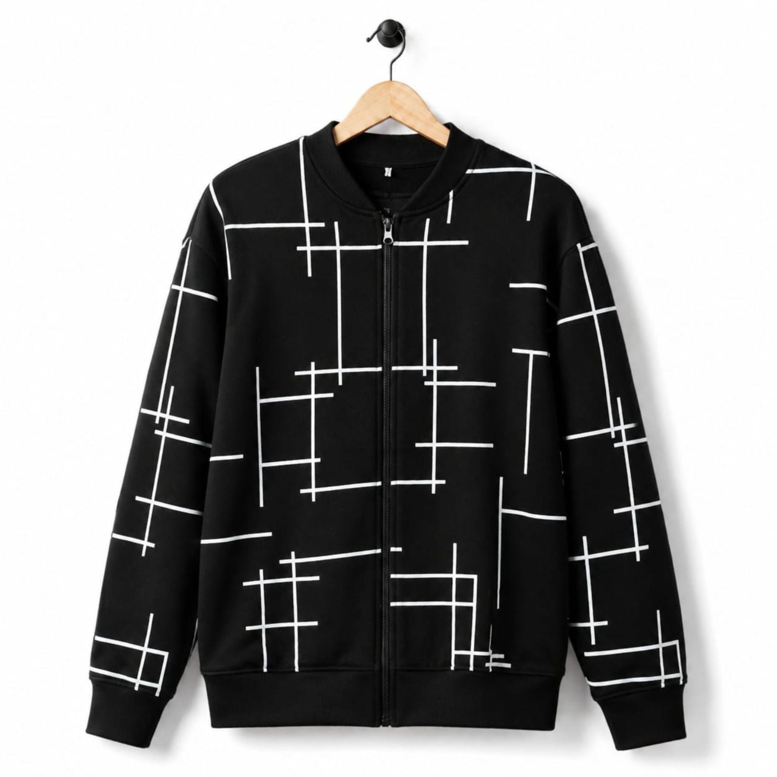 Black Geometric Printed Zipper Upper